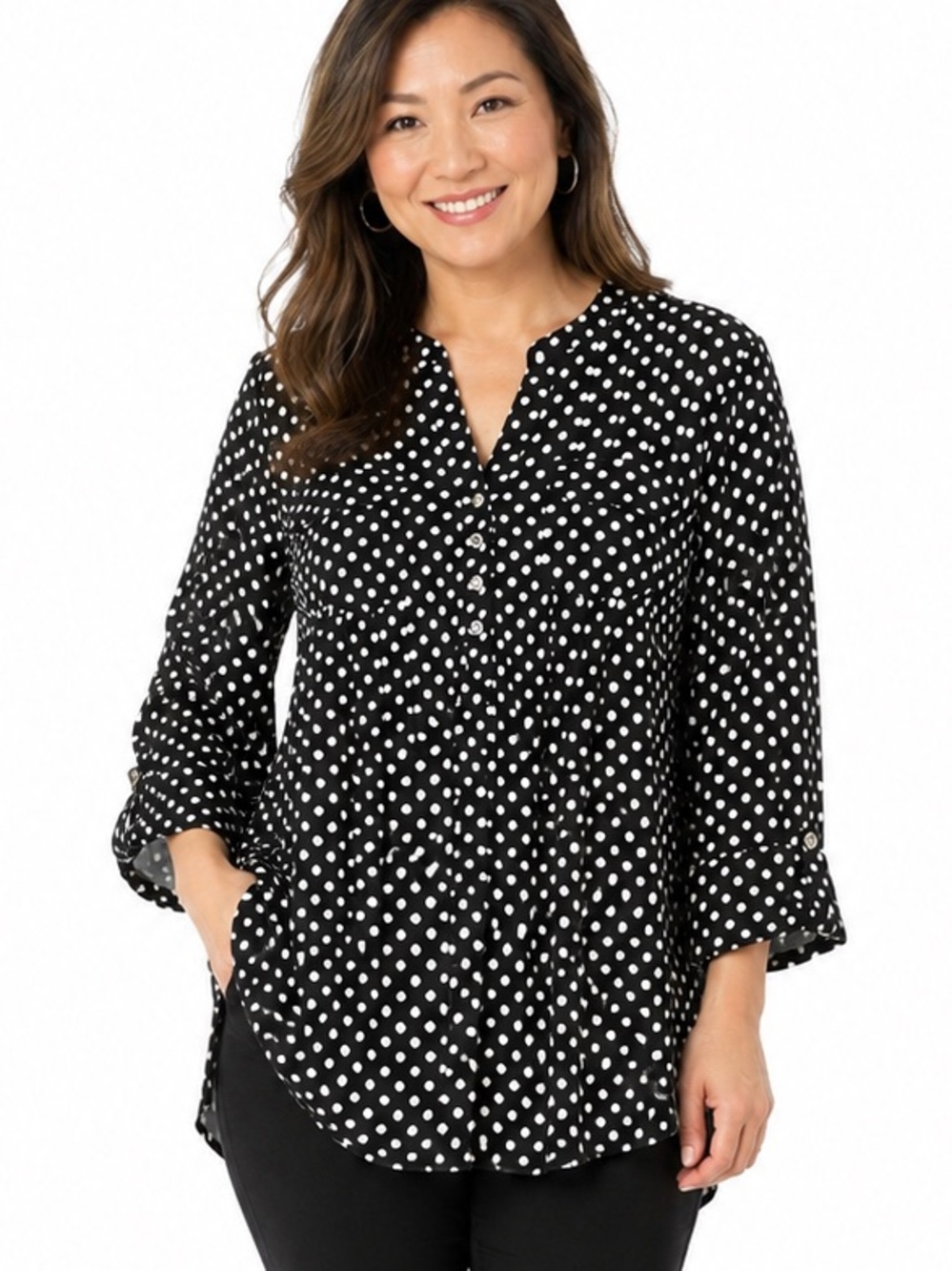 Cocomo L Black pintuck tunic Polka Dot Blouse 3/4 sleeves travel retro comfy